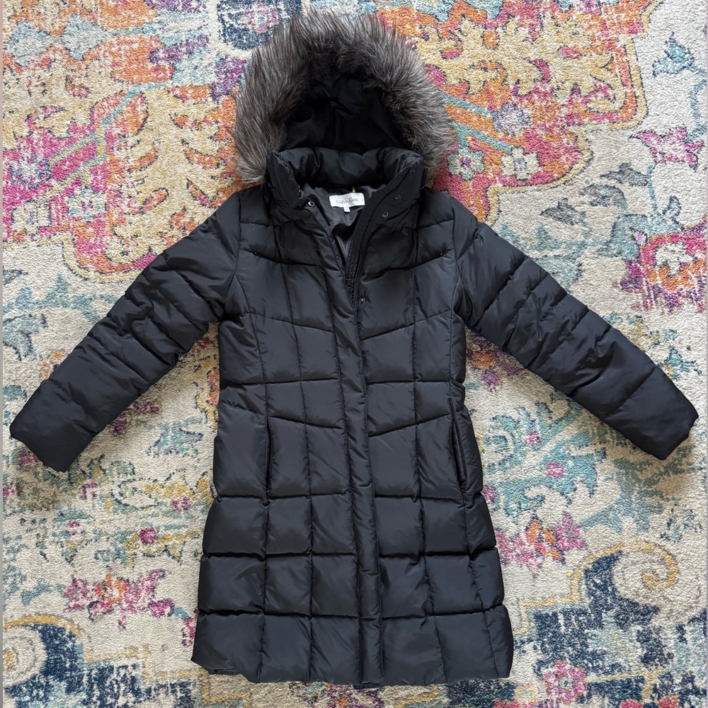 Calvin Klein: Long Black Puffer Coat with Faux Fur Hood